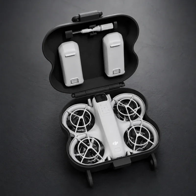 Funda impresa en 3D para DJI Neo abierta, con el dron y las baterías dentro